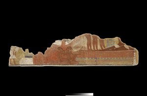 Frammento di pittura murale da una casa privata che mostra due delle figlie più giovani del faraone Akhenaton e della regina Nefertiti sedute ai piedi dei loro genitori, trovata a Tell el-Amarna, Nuovo Regno